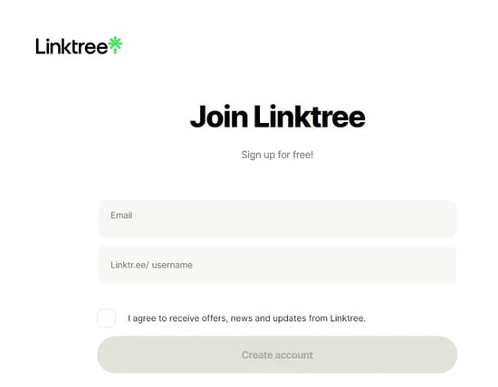 صفحه ثبت نام برای ایجاد حساب Linktree شما. 